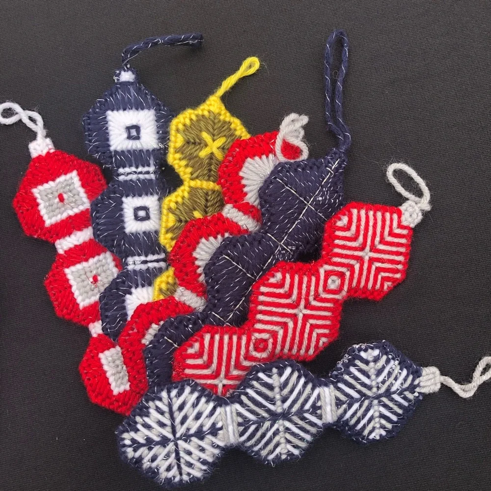 Vintage Handmade Plastic Canvas Needlepoint Christmas Ornaments - Set of 16
